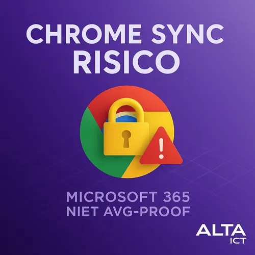 Afbeelding met paars verloop, Google Chrome-logo met hangslot en waarschuwing, tekst Chrome Sync Risico, ALTA-ICT logo rechtson