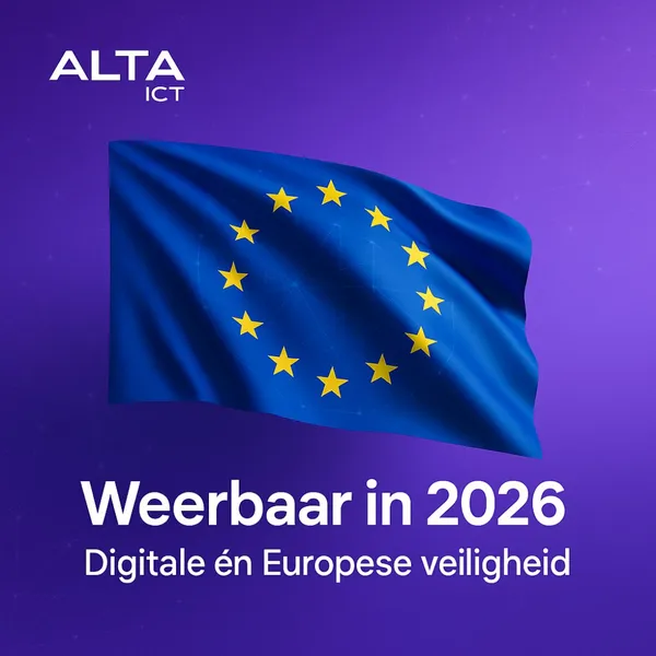 De afbeelding toont een golvende EU-vlag op paarse achtergrond met ALTA-ICT logo en tekst “Weerbaar in 2026”.