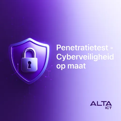 Digitale afbeelding met paarse achtergrond, 3D-schild met hangslot, tekst “Penetratietest”, ALTA-ICT logo rechtsonder.