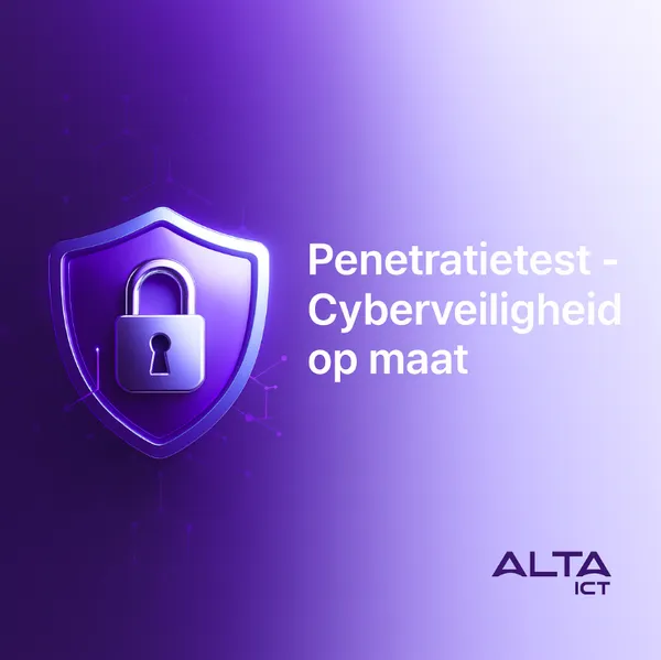 Digitale afbeelding met paarse achtergrond, 3D-schild met hangslot, tekst “Penetratietest”, ALTA-ICT logo rechtsonder.