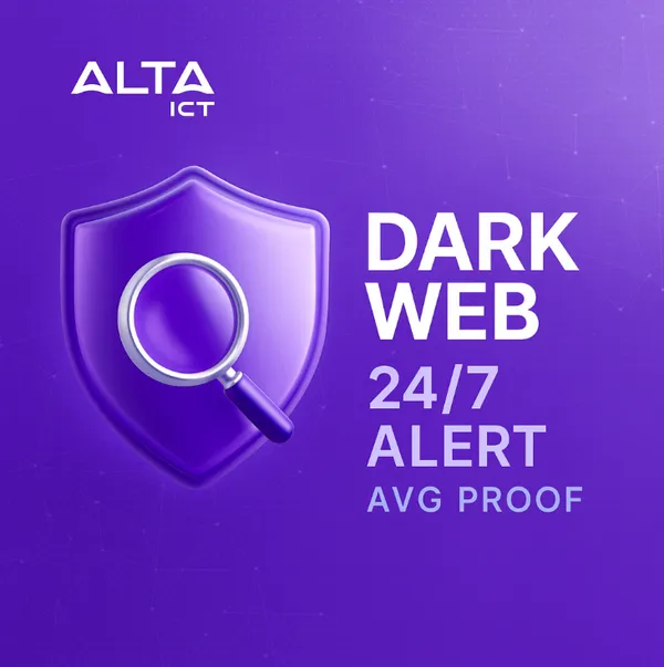 Paars schild met vergrootglas, witte tekst “Dark Web 247 Alert AVG Proof”, ALTA-ICT logo bovenaan.