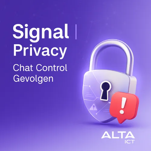 Paarsblauwe afbeelding met groot hangslot, waarschuwingsteken, tekst “Signal Privacy” en ALTA-ICT logo.