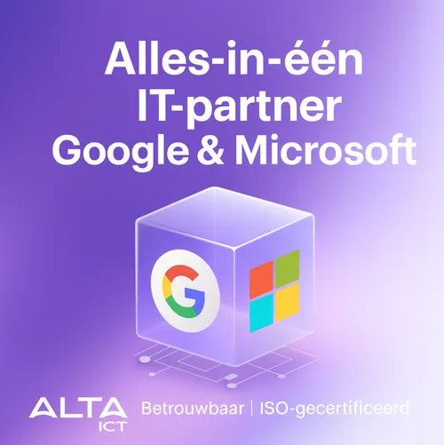 Paarse achtergrond met witte tekst “Alles-in-één IT-partner Google & Microsoft”, kubus met beide logo’s, ALTA-ICT logo onderin.