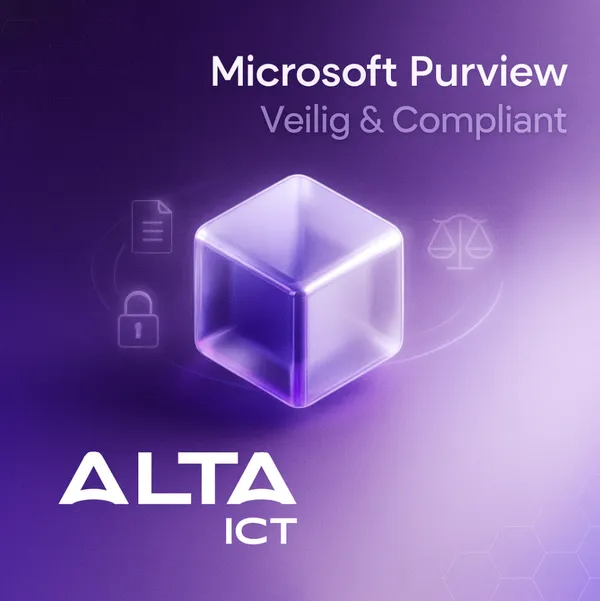 Paarse afbeelding met 3D-datakubus, Microsoft Purview-tekst, ALTA-ICT-logo en metadata-iconen.