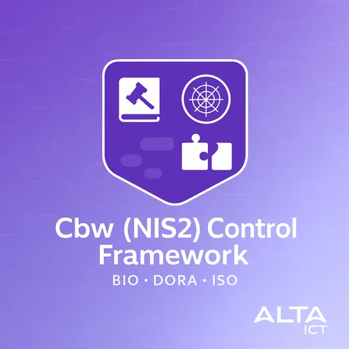 Paarse afbeelding met Cbw (NIS2) Control Framework tekst, iconen van boek, radar en puzzelstukjes, en ALTA ICT-logo rechtsonder.