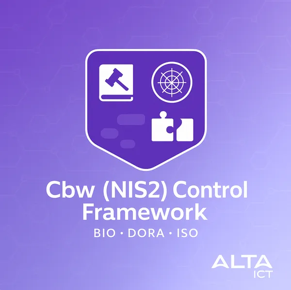 Paarse afbeelding met Cbw (NIS2) Control Framework tekst, iconen van boek, radar en puzzelstukjes, en ALTA ICT-logo rechtsonder.