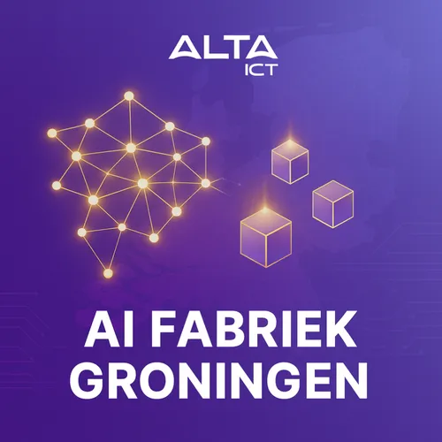 Wit ALTA-ICT logo boven paarse kaart van Nederland, met gouden neuraal netwerk en zwevende datablokken.