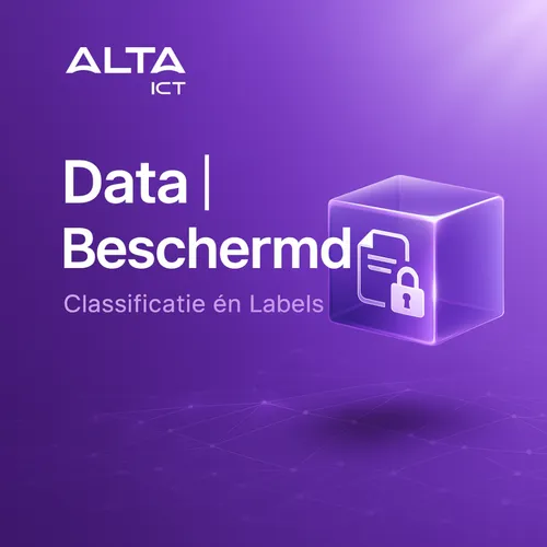 Wit ALTA-ICT logo op paarse achtergrond, met tekst “Data Beschermd” en zwevende transparante kubus met slot.