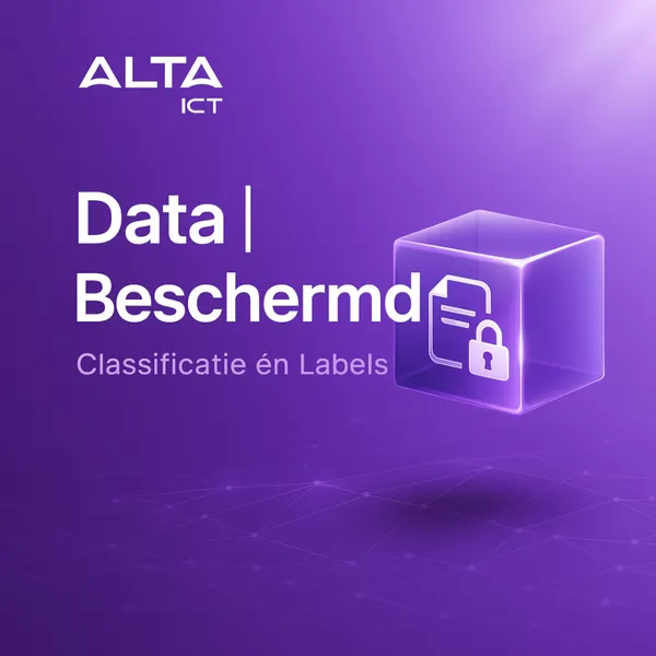 Wit ALTA-ICT logo op paarse achtergrond, met tekst “Data Beschermd” en zwevende transparante kubus met slot.