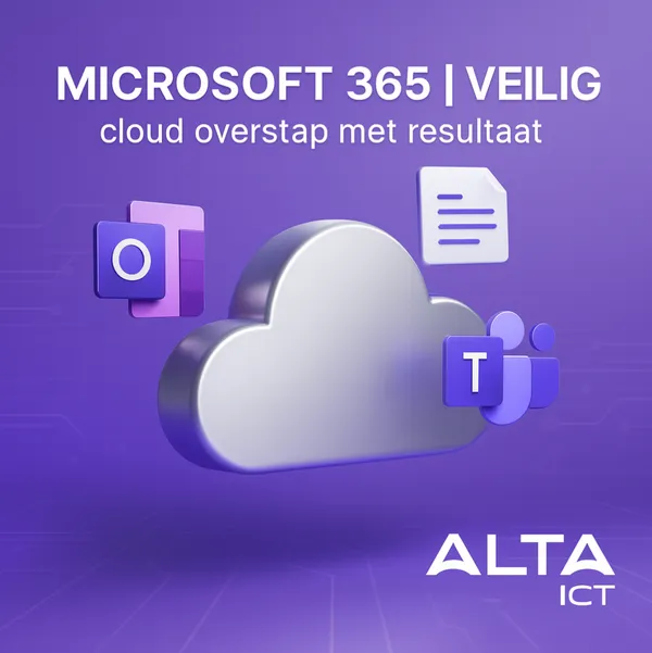 Zilveren 3D-wolk met Microsoft-iconen op paarse achtergrond, witte tekst “Microsoft 365 Veilig”, ALTA-ICT logo rechtsonder.