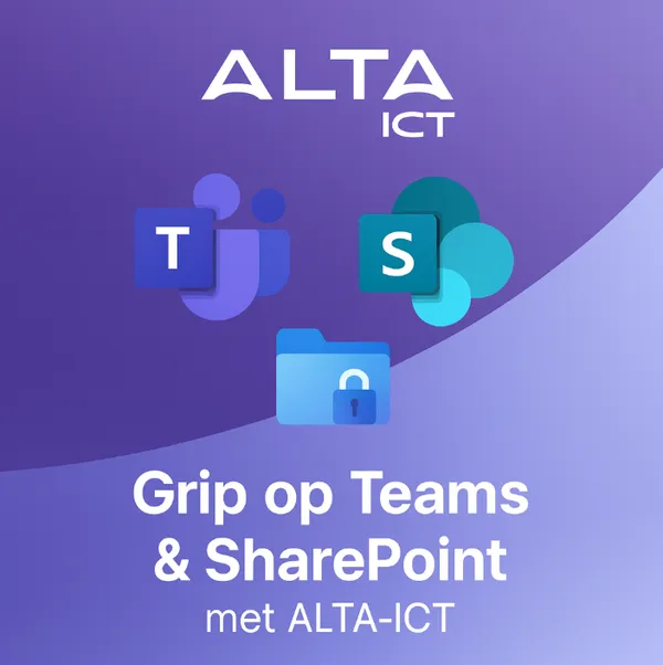 ALTA-ICT logo bovenaan, daaronder Teams- en SharePoint-logo’s met map en slot op paarse achtergrond.