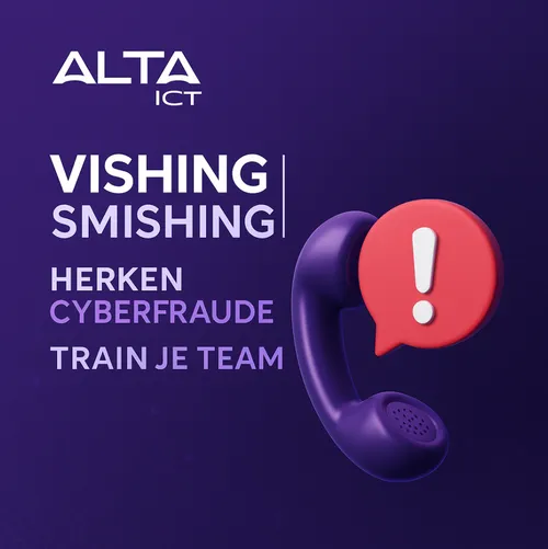 Afbeelding met paarse achtergrond, ALTA-ICT logo, tekst over vishing en smishing, en paarse telefoonhoorn.