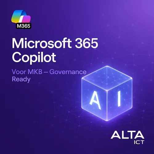 Paarse afbeelding met AI-kubus, Microsoft 365 Copilot tekst en ALTA-ICT en M365 logo’s