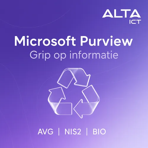 Paarse afbeelding met ALTA-ICT logo, tekst “Microsoft Purview”, recycle-icoon en termen AVG, NIS2, BIO