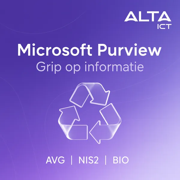 Paarse afbeelding met ALTA-ICT logo, tekst “Microsoft Purview”, recycle-icoon en termen AVG, NIS2, BIO