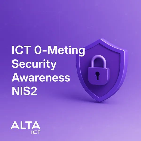 Paarse afbeelding met wit ALTA-ICT logo, tekst “ICT 0-Meting Security Awareness NIS2” en een digitaal schild.