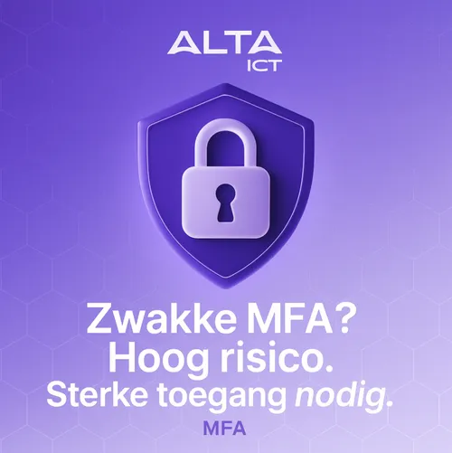Wit ALTA-ICT logo op paarse achtergrond met 3D schild en slot, tekst over MFA-beveiliging onderaan