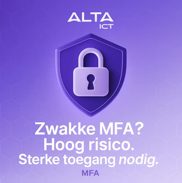Wit ALTA-ICT logo op paarse achtergrond met 3D schild en slot, tekst over MFA-beveiliging onderaan