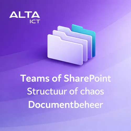 ALTA-ICT logo op paarse achtergrond met gestapelde mappen en tekst over Teams, SharePoint en documentbeheer