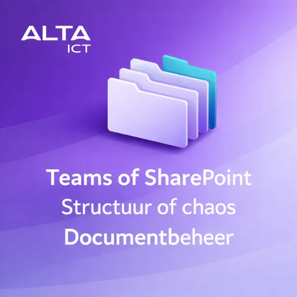 ALTA-ICT logo op paarse achtergrond met gestapelde mappen en tekst over Teams, SharePoint en documentbeheer