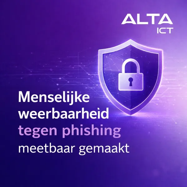 Paarse achtergrond met digitaal schild, hangslot, ALTA-ICT logo en tekst menselijke weerbaarheid tegen phishing