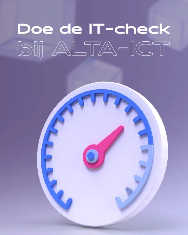 Paarse achtergrond met witte snelheidsmeter en tekst “Doe de IT-check bij ALTA-ICT” erboven
