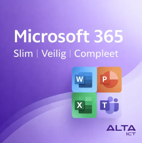 Afbeelding met paarse gradient, tekst “Microsoft 365 Slim Veilig Compleet”, Office pictogrammen en ALTA-ICT logo Afbeelding met paarse gradient, tekst “Microsoft 365 Slim Veilig Compleet”, Office pictogrammen en ALTA-ICT logo