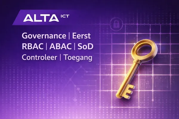 Gouden sleutel op paarse achtergrond met raster; ALTA-ICT logo, tekst over RBAC, ABAC en toegangsgovernance