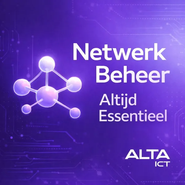 Paarse achtergrond met 3D-netwerkicoon links, tekst “Netwerk Beheer Altijd Essentieel” rechts, ALTA ICT-logo onderaan