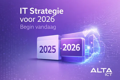 Paarse afbeelding met tekst “IT Strategie voor 2026 – Begin vandaag”, een kalender van 2025 naar 2026 en ALTA-ICT logo