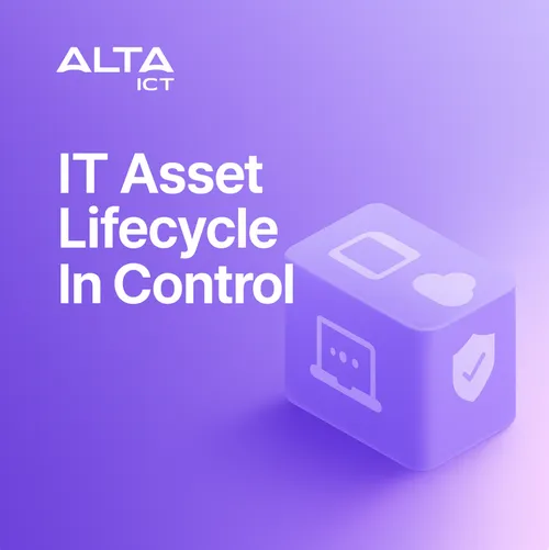 Paarse gradientafbeelding met ALTA ICT-logo, tekst “IT Asset Lifecycle In Control” en 3D-blok met IT-iconen