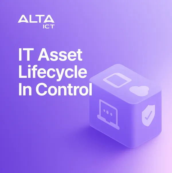 Paarse gradientafbeelding met ALTA ICT-logo, tekst “IT Asset Lifecycle In Control” en 3D-blok met IT-iconen