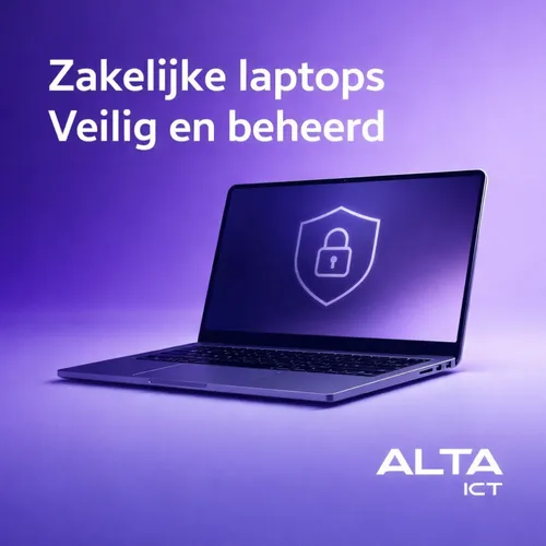Zakelijke laptop met beveiligingsicoon op paars verloop, tekst “Zakelijke laptops Veilig en beheerd” en ALTA-ICT logo.