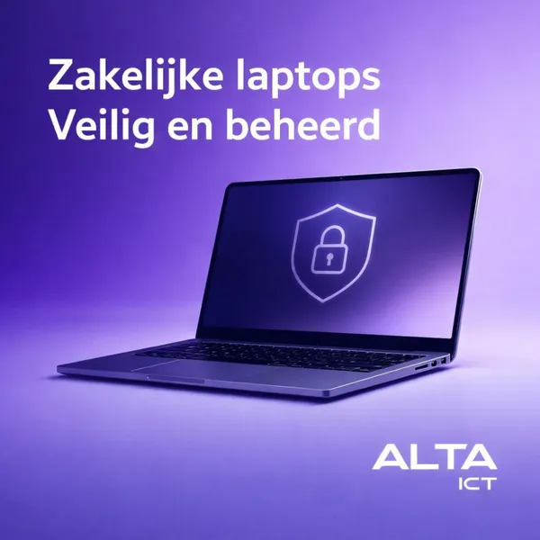 Zakelijke laptop met beveiligingsicoon op paars verloop, tekst “Zakelijke laptops Veilig en beheerd” en ALTA-ICT logo.