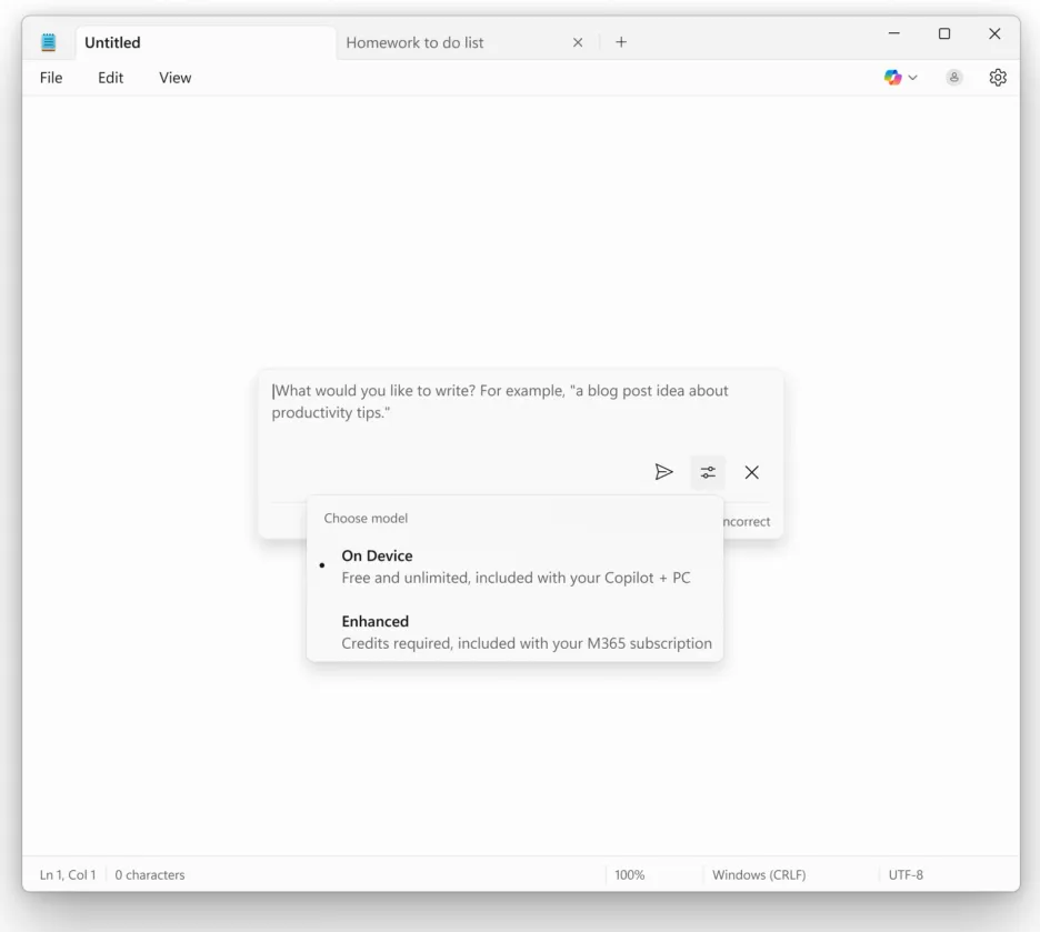 AI function in Notepad