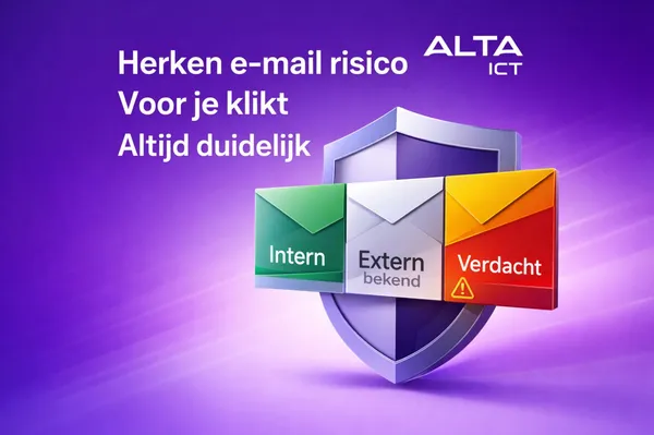 Illustratie met paars verloop, schild en drie e-mails intern groen, extern bekend grijs, verdacht rood, met ALTA-ICT logo.
