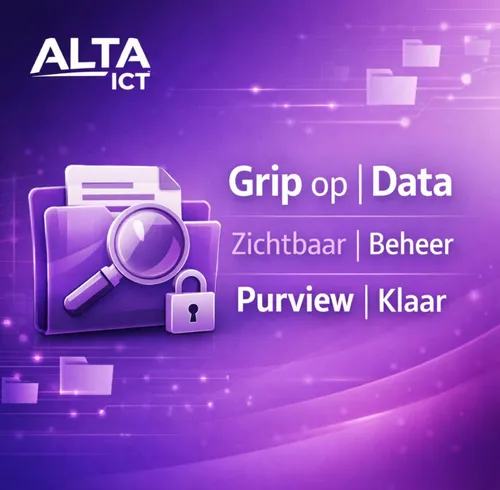 Paarse ALTA-ICT afbeelding met mappen, vergrootglas en slot, tekst Grip op Data en Purview Klaar.