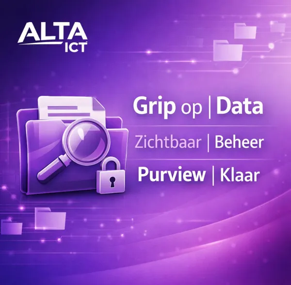 Paarse ALTA-ICT afbeelding met mappen, vergrootglas en slot, tekst Grip op Data en Purview Klaar.