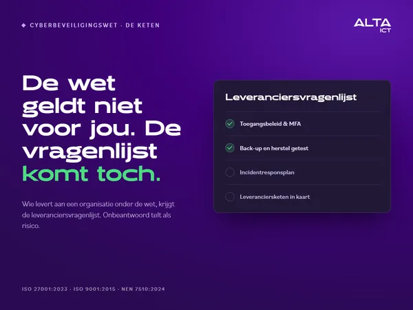 Illustratie bij de Cyberbeveiligingswet: een MKB-leverancier ontvangt een beveiligingsvragenlijst van een klant die onder de wet valt