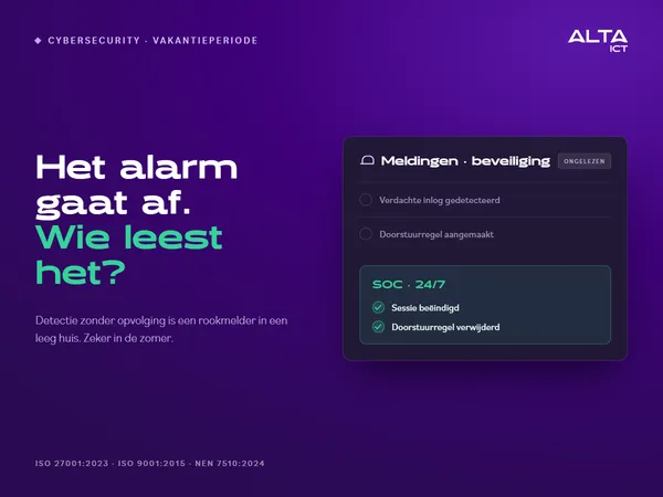 Cybercriminelen nemen geen vakantie. Jouw bedrijf wel Hero bij de vakantieperiode: een beveiligingsmelding blijft ongelezen tot een SOC de sessie beëindigt