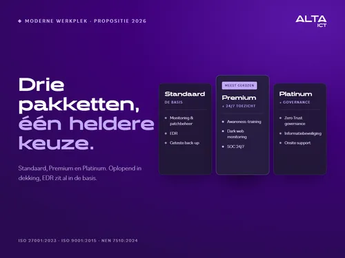 Overzicht Moderne Werkplek 2026 met de drie pakketten Standaard, Premium en Platinum naast elkaar, met de tekst: drie pakketten, één heldere keuze