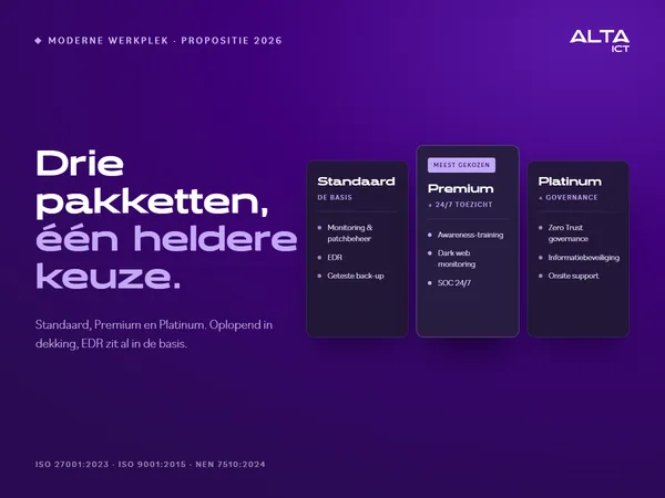Overzicht Moderne Werkplek 2026 met de drie pakketten Standaard, Premium en Platinum naast elkaar, met de tekst: drie pakketten, één heldere keuze