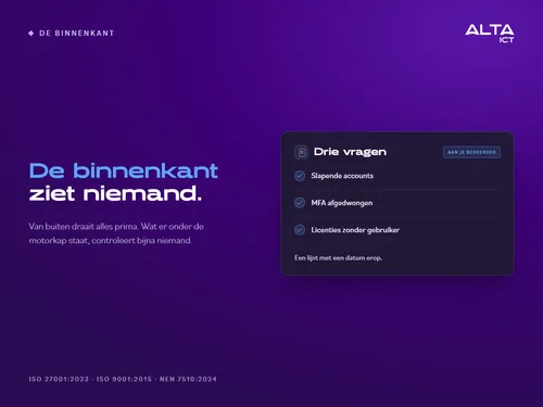 Hero bij de binnenkant van Microsoft 365: een kaart met drie vragen aan je beheerder over slapende accounts, afgedwongen MFA en ongebruikte licenties.