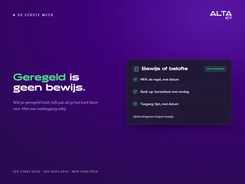 Hero bij de eerste week van de Cyberbeveiligingswet: een kaart met drie voorbeelden van geregeld tegenover aantoonbaar.
