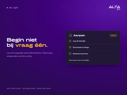 Hero bij de aanpak van een ketenvragenlijst: een kaart met drie stappen, lezen, documenten erlangs en antwoorden met bron.