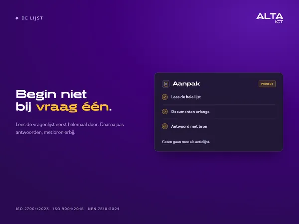Hero bij de aanpak van een ketenvragenlijst: een kaart met drie stappen, lezen, documenten erlangs en antwoorden met bron.