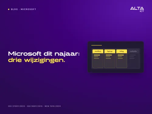 Hero bij de Microsoft-wijzigingen van dit najaar: een kalenderstrook met de tabbladen mailbox, laptop, inlog en subsidie, de eerste drie uitgelicht.