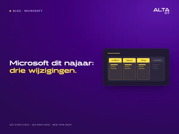 Drie Microsoft-wijzigingen die dit najaar je mailbox, laptops en inlog raken Hero bij de Microsoft-wijzigingen van dit najaar: een kalenderstrook met de tabbladen mailbox, laptop, inlog en subsidie, de eerste drie uitgelicht.