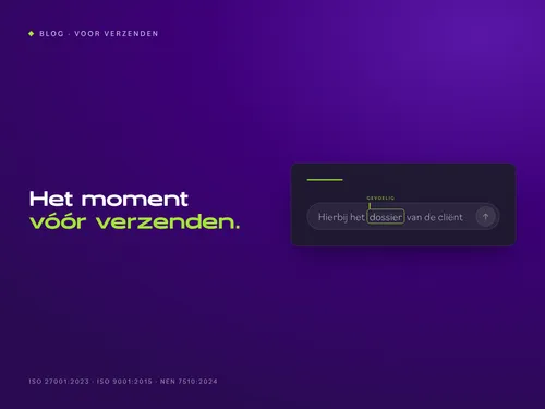 / Hero Voor Verzenden.html HTML maak synccommanodo Je stuurde de HTML-bron, niet de PNG. Ik heb die HTML zelf gerenderd en het resultaat bekeken. Het beeld is akkoord. Wat ik heb gecontroleerd Maat en fonts: exact 1200x900. Halogen 900 en Bilo 300 en 500 laden uit het bestand zelf, zonder vervangend lettertype. Inhoud: kicker “BLOG · VOOR VERZENDEN”, de kop in wit en limoengroen, en de chatkaart met “dossier” omlijnd en het label “gevoelig”. Er is geen maskering en er staan geen merknamen in. Opmaak: de kop raakt de kaart niet en de certificeringsregel is volledig. Randen: de hoekpixels zijn paars, niet de controlekleur #160a2e. Er is dus geen rand van de pagina mee geëxporteerd. Het PNG-bestand gevoelige-gegevens-ai-chat-verzenden.png heb ik je gestuurd. Zet het in je Downloads en draai dan: powershell cd C:\repos\ALTA-ICT git pull --rebase $b = "docs\Projecten\social-campagnes\Week 43 - Voor Verzenden\Blog" $f = Get-Item "$env:USERPROFILE\Downloads\gevoelige-gegevens-ai-chat-verzenden.png" Add-Type -AssemblyName System.Drawing $i = [System.Drawing.Image]::FromFile($f.FullName); "{0}x{1}" -f $i.Width, $i.Height; $i.Dispose() Copy-Item $f.FullName "$b\" -Force git add -- "$b\gevoelige-gegevens-ai-chat-verzenden.png" git diff --cached --name-only git commit -m "Blog 43: bloghero gevoelige gegevens voor verzenden" git log origin/master..master --oneline Verwachting: 1200x900, dan één bestandsnaam, daarna één of twee commits. Twee commits als de editie 15-hero nog niet gepusht is. Plak de output terug, daarna push je. In WordPress, bij blog 43: Uitgelichte afbeelding: upload dit bestand, met de alt-tekst uit de plakklaar. Controleer na het uploaden dat de bestandsnaam geen -1 heeft gekregen. De kanaalvarianten van blog 43 maak je pas als de blog live staat. De prompt staat in de plakklaar. geef me blog 43 om te maken zoals het moet in wordpress Hieronder staat alles voor WordPress, in de volgorde van de editor. Ik gebruik variant B, zonder test. Plak elke HTML in het tabblad Tekst en schakel nooit over naar Visueel. 1. Nieuw bericht Ga naar Berichten, Nieuw bericht. 2. Titel Gevoelige gegevens in AI-chat, Teams en WhatsApp: het moment vóór verzenden 3. Veld Introductie (tabblad Tekst) html Bij een datalek denk je aan een hacker. In de praktijk begint het vaak met Ctrl+V: een stuk uit een dossier in de verkeerde chat, de verkeerde mail, of een AI-tool die de tekst "even netjes maakt". Er is geen kwade wil. Er is haast, en een knop die te dichtbij zit. Deze blog gaat over dat ene moment vlak voor verzenden: wat kun je dan nog tegenhouden, en wie ziet het? 4. Veld Omschrijving (tabblad Tekst) html Waar Microsoft 365 ophoudt In de blog over Microsoft Purview zag je wat Business Premium al beschermt: mail en de bestanden in OneDrive en SharePoint. Een bestand dat je in Teams deelt, valt daar ook onder. Het chatbericht in Teams niet. DLP voor Teams-chat vraagt volgens Microsoft een E5-licentie. En een AI-chat in de browser of een app op de laptop ziet Microsoft helemaal niet. AI-chat en geheimhouding Een medewerker plakt een brief aan een cliënt in een gratis AI-chat, met zijn privéaccount, om hem beter te formuleren. Naam, adres en de reden van het dossier gaan mee, naar een dienst waarmee je organisatie geen verwerkersovereenkomst heeft. Verbieden werkt slecht. De tool blijft handig, en wie hem niet mag gebruiken, gebruikt hem stiekem. Beter: weten welke AI-tools je team gebruikt, en per tool afspreken wat erin mag. WhatsApp is geen dossier De wijkverpleegkundige stuurt een foto naar de collega die de dienst overneemt. De installateur appt de klant een offerte met diens adres. Het werkt snel, en het gebeurt vaak op een privételefoon. Daarmee staan zakelijke gegevens op een apparaat dat de organisatie niet beheert, in een app die ze niet kan archiveren. Vertrekt de medewerker, dan vertrekken de gesprekken mee. Een alternatief moet net zo snel zijn, anders gebruikt niemand het. Een waarschuwing op het juiste moment Een training over datalekken vergeet je in een week. Een melding op het moment van verzenden niet. In Outlook kan Microsoft 365 dat al: staat er een gevoelig gegeven in een mail, dan verschijnt bovenaan een melding nog voor de mail vertrekt. Voor chat en voor apps buiten Microsoft heb je daarvoor software op het apparaat nodig. Beschermen zonder meekijken Elke vorm van datalekpreventie roept bij medewerkers en ondernemingsraad één vraag op: leest de werkgever mee? Stel die vraag zelf, vóór je iets kiest. Een melding per soort gegeven is genoeg om een lek te voorkomen. Namen en berichtinhoud zijn daarvoor niet nodig. Begin met een AI-overzicht Je hoeft niet met software te beginnen. Begin met een lijst van de AI-tools die je team gebruikt, waarvoor, en met welke gegevens. Vaak staan er tools op die niemand had verwacht. De Europese AI-verordening legt de markering van AI-output bij de aanbieders. Sinds augustus moeten zij wat hun AI maakt machineleesbaar markeren; voor tools die al eerder op de markt waren, loopt de overgang tot 2 december. Dat is hun plicht. Jouw taak is weten wat je gebruikt. Het AI-Register geeft geen juridisch oordeel. Wel maakt het in ongeveer tien minuten een overzicht van je AI-tools met de transparantieteksten, als drie documenten in je mail. Zo doen wij het We beginnen met het AI-overzicht en de afspraken per tool. Daarna zetten we Purview aan voor mail en bestanden. Het gat buiten Microsoft vullen we met datalekpreventie op het apparaat, als add-on bij de moderne werkplek. We werken zelf onder ISO 27001:2023, ISO 9001:2015 en NEN 7510:2024. Veelgestelde vragen Mag een medewerker een AI-chat gebruiken voor werk? Dat bepaal je zelf, per tool. Leg vast welke tools mogen en welke gegevens er niet in horen. Een zakelijk abonnement met een verwerkersovereenkomst is iets anders dan een gratis versie met een privéaccount. Beschermt Business Premium Teams? Bestanden die je in Teams deelt wel, want die staan in SharePoint of OneDrive. Het chatbericht zelf niet; daarvoor vraagt Microsoft E5. Moet ik AI-output zelf markeren? De markering van AI-output is een plicht van de aanbieder van de AI-tool. Voor jou telt dat je weet welke tools je gebruikt en wat je erin stopt. Conclusie Het lek begint met plakken, niet met een hacker. Microsoft 365 beschermt mail en bestanden; de chat, de AI-tool en de app op de laptop vallen erbuiten. Begin met een overzicht van wat je team gebruikt en spreek per tool af wat erin mag. Wil je het moment vóór verzenden bespreken? Plan een gesprek met ALTA-ICT. 5. CTA-knop (als je thema een knopveld heeft) Tekst: Het moment vóór verzenden bespreken Link: https://alta-ict.nl/contact?utm_source=blog&utm_medium=referral&utm_campaign=voorverzenden&utm_content=blog43-cta 6. Uittreksel Een datalek begint vaak niet bij een hacker, maar bij plakken. Wat er gebeurt als een medewerker gegevens in een AI-chat, een Teams-chat of WhatsApp zet, waar Microsoft 365 ophoudt, en waarom je begint met een overzicht van de AI die je team gebruikt. 7. Categorie: Beveiliging. Zet geen andere categorie aan. 8. Uitgelichte afbeelding Upload gevoelige-gegevens-ai-chat-verzenden.png. Controleer daarna dat de bestandsnaam in de mediabibliotheek geen -1 heeft gekregen. Alt-tekst: Hero bij de blog over gevoelige gegevens vóór verzenden: een chatinvoerveld met de zin Hierbij het dossier van de cliënt, waarin het woord dossier omlijnd is en gemarkeerd als gevoelig.