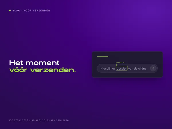 / Hero Voor Verzenden.html HTML maak synccommanodo Je stuurde de HTML-bron, niet de PNG. Ik heb die HTML zelf gerenderd en het resultaat bekeken. Het beeld is akkoord. Wat ik heb gecontroleerd Maat en fonts: exact 1200x900. Halogen 900 en Bilo 300 en 500 laden uit het bestand zelf, zonder vervangend lettertype. Inhoud: kicker “BLOG · VOOR VERZENDEN”, de kop in wit en limoengroen, en de chatkaart met “dossier” omlijnd en het label “gevoelig”. Er is geen maskering en er staan geen merknamen in. Opmaak: de kop raakt de kaart niet en de certificeringsregel is volledig. Randen: de hoekpixels zijn paars, niet de controlekleur #160a2e. Er is dus geen rand van de pagina mee geëxporteerd. Het PNG-bestand gevoelige-gegevens-ai-chat-verzenden.png heb ik je gestuurd. Zet het in je Downloads en draai dan: powershell cd C:\repos\ALTA-ICT git pull --rebase $b = "docs\Projecten\social-campagnes\Week 43 - Voor Verzenden\Blog" $f = Get-Item "$env:USERPROFILE\Downloads\gevoelige-gegevens-ai-chat-verzenden.png" Add-Type -AssemblyName System.Drawing $i = [System.Drawing.Image]::FromFile($f.FullName); "{0}x{1}" -f $i.Width, $i.Height; $i.Dispose() Copy-Item $f.FullName "$b\" -Force git add -- "$b\gevoelige-gegevens-ai-chat-verzenden.png" git diff --cached --name-only git commit -m "Blog 43: bloghero gevoelige gegevens voor verzenden" git log origin/master..master --oneline Verwachting: 1200x900, dan één bestandsnaam, daarna één of twee commits. Twee commits als de editie 15-hero nog niet gepusht is. Plak de output terug, daarna push je. In WordPress, bij blog 43: Uitgelichte afbeelding: upload dit bestand, met de alt-tekst uit de plakklaar. Controleer na het uploaden dat de bestandsnaam geen -1 heeft gekregen. De kanaalvarianten van blog 43 maak je pas als de blog live staat. De prompt staat in de plakklaar. geef me blog 43 om te maken zoals het moet in wordpress Hieronder staat alles voor WordPress, in de volgorde van de editor. Ik gebruik variant B, zonder test. Plak elke HTML in het tabblad Tekst en schakel nooit over naar Visueel. 1. Nieuw bericht Ga naar Berichten, Nieuw bericht. 2. Titel Gevoelige gegevens in AI-chat, Teams en WhatsApp: het moment vóór verzenden 3. Veld Introductie (tabblad Tekst) html Bij een datalek denk je aan een hacker. In de praktijk begint het vaak met Ctrl+V: een stuk uit een dossier in de verkeerde chat, de verkeerde mail, of een AI-tool die de tekst "even netjes maakt". Er is geen kwade wil. Er is haast, en een knop die te dichtbij zit. Deze blog gaat over dat ene moment vlak voor verzenden: wat kun je dan nog tegenhouden, en wie ziet het? 4. Veld Omschrijving (tabblad Tekst) html Waar Microsoft 365 ophoudt In de blog over Microsoft Purview zag je wat Business Premium al beschermt: mail en de bestanden in OneDrive en SharePoint. Een bestand dat je in Teams deelt, valt daar ook onder. Het chatbericht in Teams niet. DLP voor Teams-chat vraagt volgens Microsoft een E5-licentie. En een AI-chat in de browser of een app op de laptop ziet Microsoft helemaal niet. AI-chat en geheimhouding Een medewerker plakt een brief aan een cliënt in een gratis AI-chat, met zijn privéaccount, om hem beter te formuleren. Naam, adres en de reden van het dossier gaan mee, naar een dienst waarmee je organisatie geen verwerkersovereenkomst heeft. Verbieden werkt slecht. De tool blijft handig, en wie hem niet mag gebruiken, gebruikt hem stiekem. Beter: weten welke AI-tools je team gebruikt, en per tool afspreken wat erin mag. WhatsApp is geen dossier De wijkverpleegkundige stuurt een foto naar de collega die de dienst overneemt. De installateur appt de klant een offerte met diens adres. Het werkt snel, en het gebeurt vaak op een privételefoon. Daarmee staan zakelijke gegevens op een apparaat dat de organisatie niet beheert, in een app die ze niet kan archiveren. Vertrekt de medewerker, dan vertrekken de gesprekken mee. Een alternatief moet net zo snel zijn, anders gebruikt niemand het. Een waarschuwing op het juiste moment Een training over datalekken vergeet je in een week. Een melding op het moment van verzenden niet. In Outlook kan Microsoft 365 dat al: staat er een gevoelig gegeven in een mail, dan verschijnt bovenaan een melding nog voor de mail vertrekt. Voor chat en voor apps buiten Microsoft heb je daarvoor software op het apparaat nodig. Beschermen zonder meekijken Elke vorm van datalekpreventie roept bij medewerkers en ondernemingsraad één vraag op: leest de werkgever mee? Stel die vraag zelf, vóór je iets kiest. Een melding per soort gegeven is genoeg om een lek te voorkomen. Namen en berichtinhoud zijn daarvoor niet nodig. Begin met een AI-overzicht Je hoeft niet met software te beginnen. Begin met een lijst van de AI-tools die je team gebruikt, waarvoor, en met welke gegevens. Vaak staan er tools op die niemand had verwacht. De Europese AI-verordening legt de markering van AI-output bij de aanbieders. Sinds augustus moeten zij wat hun AI maakt machineleesbaar markeren; voor tools die al eerder op de markt waren, loopt de overgang tot 2 december. Dat is hun plicht. Jouw taak is weten wat je gebruikt. Het AI-Register geeft geen juridisch oordeel. Wel maakt het in ongeveer tien minuten een overzicht van je AI-tools met de transparantieteksten, als drie documenten in je mail. Zo doen wij het We beginnen met het AI-overzicht en de afspraken per tool. Daarna zetten we Purview aan voor mail en bestanden. Het gat buiten Microsoft vullen we met datalekpreventie op het apparaat, als add-on bij de moderne werkplek. We werken zelf onder ISO 27001:2023, ISO 9001:2015 en NEN 7510:2024. Veelgestelde vragen Mag een medewerker een AI-chat gebruiken voor werk? Dat bepaal je zelf, per tool. Leg vast welke tools mogen en welke gegevens er niet in horen. Een zakelijk abonnement met een verwerkersovereenkomst is iets anders dan een gratis versie met een privéaccount. Beschermt Business Premium Teams? Bestanden die je in Teams deelt wel, want die staan in SharePoint of OneDrive. Het chatbericht zelf niet; daarvoor vraagt Microsoft E5. Moet ik AI-output zelf markeren? De markering van AI-output is een plicht van de aanbieder van de AI-tool. Voor jou telt dat je weet welke tools je gebruikt en wat je erin stopt. Conclusie Het lek begint met plakken, niet met een hacker. Microsoft 365 beschermt mail en bestanden; de chat, de AI-tool en de app op de laptop vallen erbuiten. Begin met een overzicht van wat je team gebruikt en spreek per tool af wat erin mag. Wil je het moment vóór verzenden bespreken? Plan een gesprek met ALTA-ICT. 5. CTA-knop (als je thema een knopveld heeft) Tekst: Het moment vóór verzenden bespreken Link: https://alta-ict.nl/contact?utm_source=blog&utm_medium=referral&utm_campaign=voorverzenden&utm_content=blog43-cta 6. Uittreksel Een datalek begint vaak niet bij een hacker, maar bij plakken. Wat er gebeurt als een medewerker gegevens in een AI-chat, een Teams-chat of WhatsApp zet, waar Microsoft 365 ophoudt, en waarom je begint met een overzicht van de AI die je team gebruikt. 7. Categorie: Beveiliging. Zet geen andere categorie aan. 8. Uitgelichte afbeelding Upload gevoelige-gegevens-ai-chat-verzenden.png. Controleer daarna dat de bestandsnaam in de mediabibliotheek geen -1 heeft gekregen. Alt-tekst: Hero bij de blog over gevoelige gegevens vóór verzenden: een chatinvoerveld met de zin Hierbij het dossier van de cliënt, waarin het woord dossier omlijnd is en gemarkeerd als gevoelig.